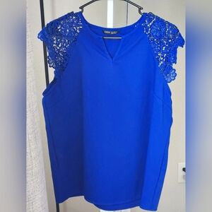 SHEIN Royal Blue V-Neck Blouse Crotched Lace Sleeves Size 12